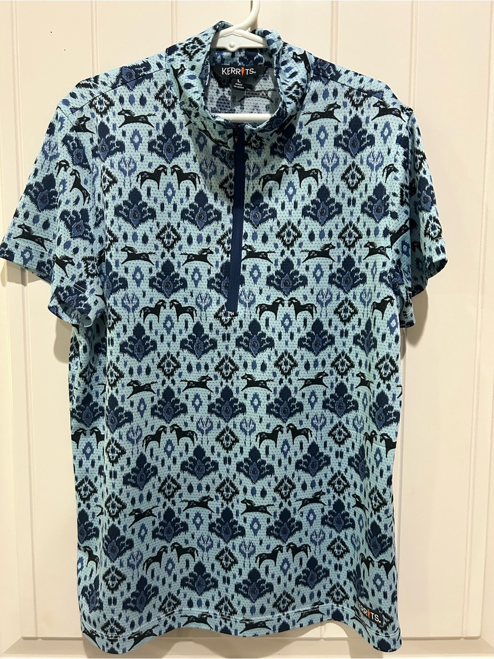 Kerrits Kid’s Large Light Blue/Navy Short Sleeve 1/4 Zip Ice Fil Equestrian Top